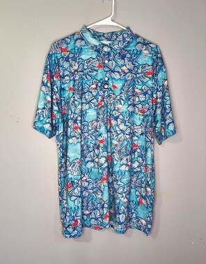 Greater Half Hawaiian Men’s XL Blue Tropical Floral wild mingos Golf Polo